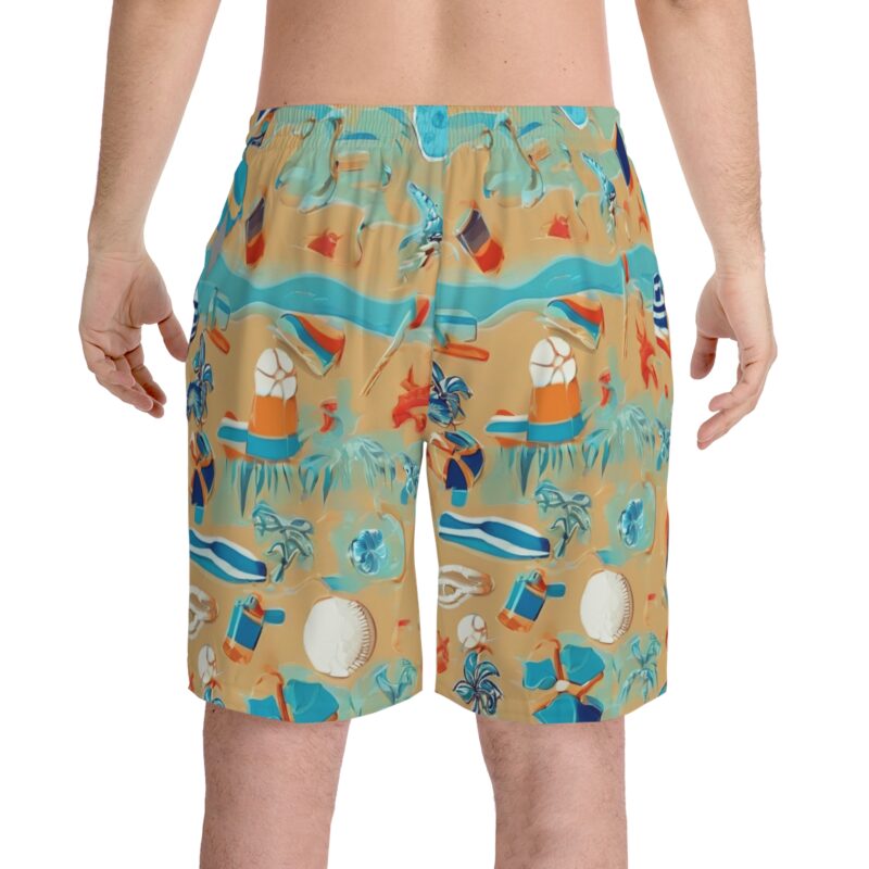 Men's Elastic Waist Beach Shorts with Pockets Back pose